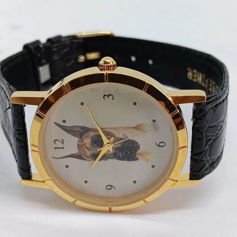 Great Dane 33mm Women's Gold Tone Black Leather Band Dog Watch